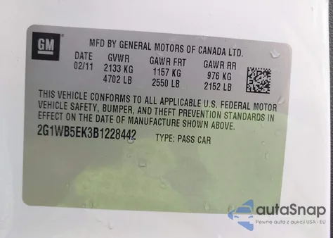 2011 Chevrolet Impala Lt from USA, damaged, VIN 2G1WB5EK3B1228442